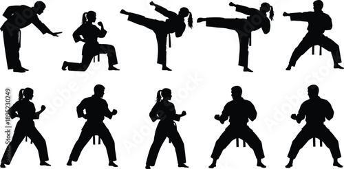 Collection of martial arts silhouette vector illustrations featuring male and female karate fighters in various powerful kicking and striking combat poses.