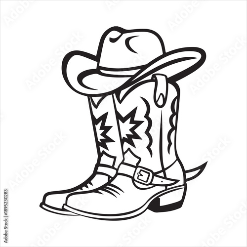 Cowboy boot with hat line art vector, cowboy boot and western hat outline sign. flat style