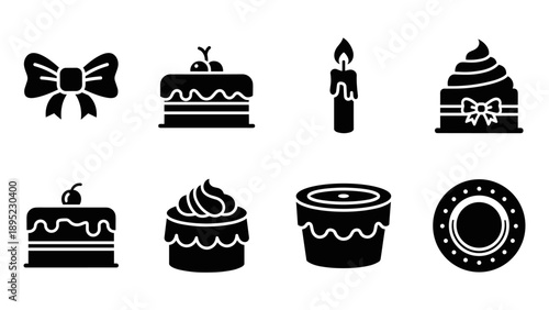 Silhouette cake and dessert icons set with candle and bow elements
