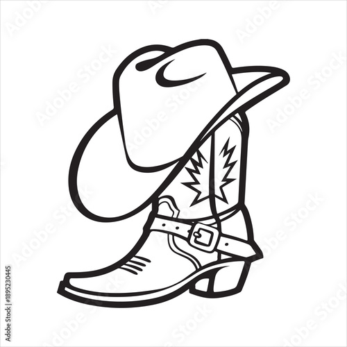 Cowboy boot with hat line art vector, cowboy boot and western hat outline sign. flat style