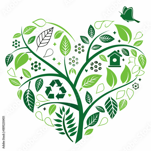 Heart symbol crafted from recycled icons, conveying a message of eco-friendly love and conscious environmental responsibility.