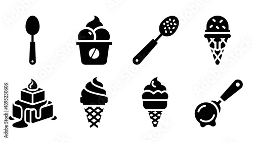Silhouette ice cream icons set featuring cones, scoops, and sundaes