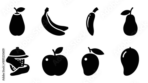 Collection of fruit silhouettes featuring banana pear apple eggplant