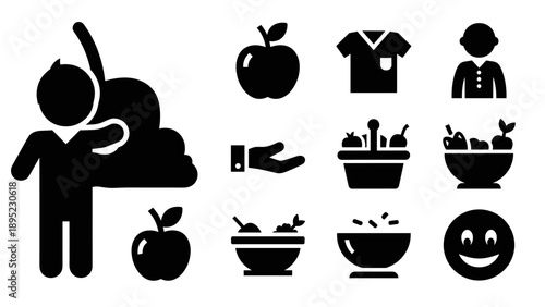 Silhouette icons of healthy eating with fruits and smiling characters