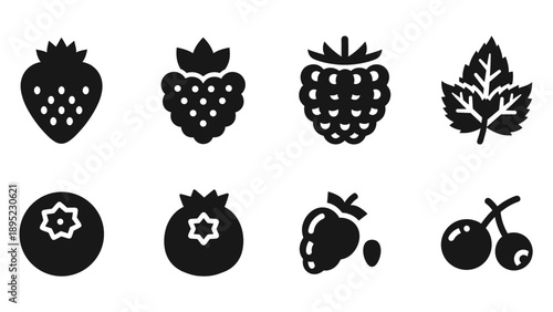 Berry silhouette set: black and white fruit icons for modern design projects