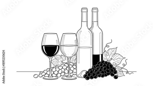 Elegant wine bottles and glasses with grapes in linear art style