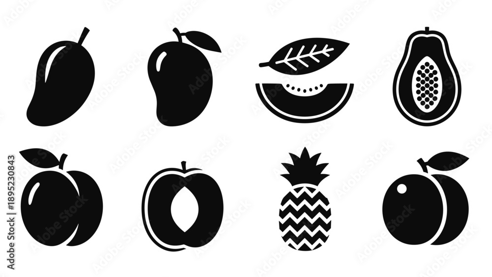 Fototapeta premium Silhouette icons of tropical fruits: mango, papaya, peach, pineapple