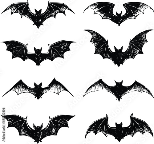 Set of nine black vector bat silhouettes flying isolated on white background Halloween spooky decoration
