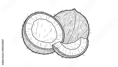 Detailed hand-drawn coconut illustration with halved and whole fruit