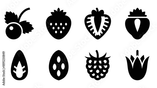 Black and white fruit icons set featuring berries and seeds