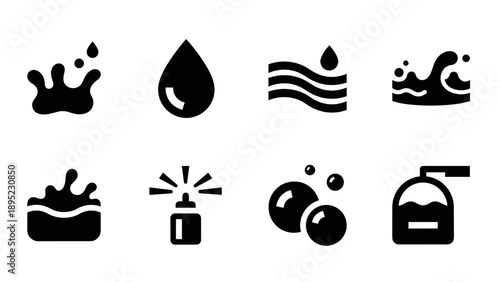 Dark liquid icons collection featuring water drops, splashes, and bubbles
