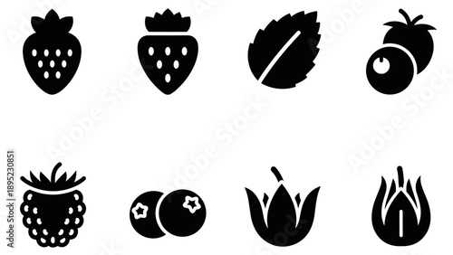 Black silhouette fruit icons set: strawberry, leaf, blueberry, raspberry, tulip, chive