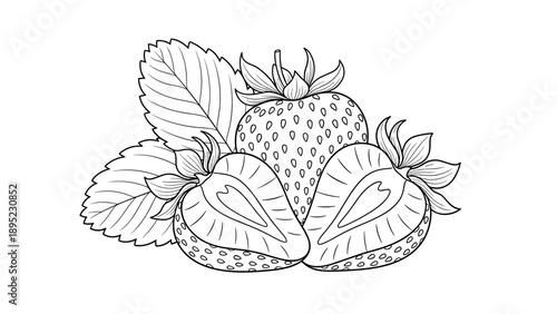 Detailed strawberry composition in black and white line art style