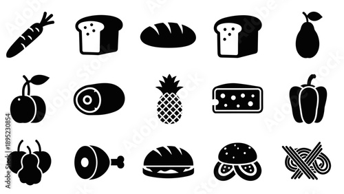 Assorted food icons in bold black silhouette style