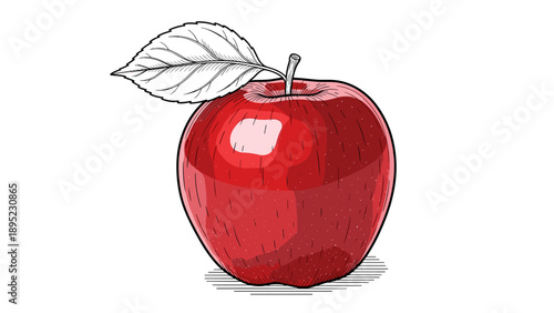 Red apple with leaf in detailed sketch style on white background