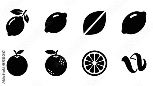 Lemon and orange silhouette icons set for creative design projects