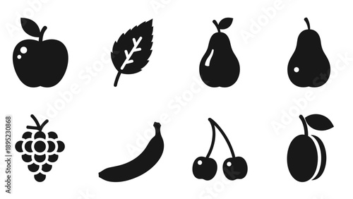 Simple fruit icons set: apple, pear, cherry and more in black silhouette style