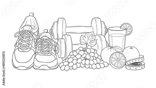 Linear fitness essentials: sneakers, dumbbells, fruits, and drink for a healthy lifestyle