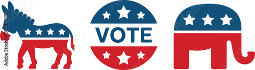 United States political symbols featuring the Democratic donkey, Republican elephant, and an important VOTE button