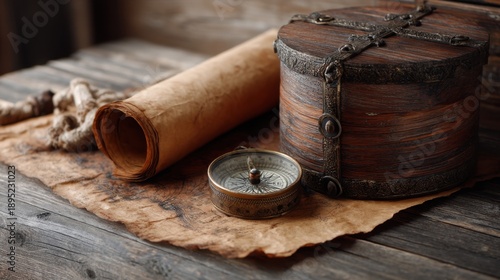 Old compass, rolled map, and wooden treasure box on an antique wood table. Adventure discovery and historical concept. © backup_studio