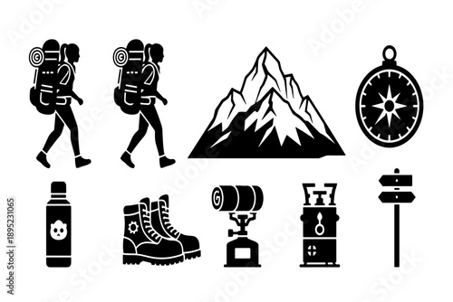Set of Hiking and Camping Icons. Mountain Expedition and Outdoor Adventure Vector Collection.