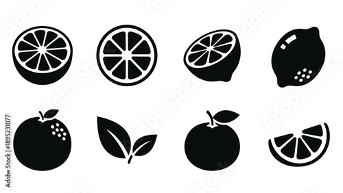 Citrus fruit silhouettes: lemon, orange, and leaves in bold black icons