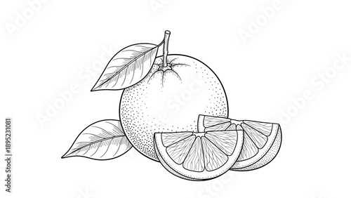 Detailed citrus fruit drawing with leaves and slices