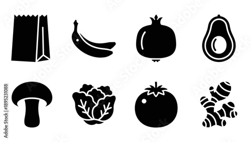 Silhouette icons of grocery bag and fresh produce for modern designing