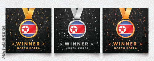 A prestigious set of gold, silver, and bronze medals, each adorned with the national flag of North Korea, presented on a dark background embellished with festive confetti and shimmering highlights, id