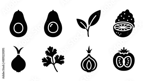 Minimalist vegetable and herb icons: avocado, leaf, papaya, onion, tomato in black silhouette