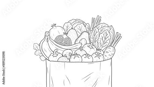 Hand-drawn grocery bag filled with fresh fruits and vegetables