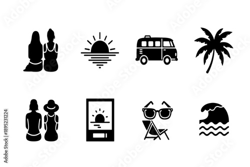Summer Holiday and Beach Travel Icons Set. Flat Black Silhouette Vector Collection with People, Van, Palm Tree, and Sunset.
