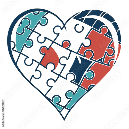 Modern vector graphic of interlocking puzzle pieces forming a heart symbol.