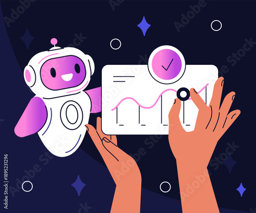 Character using ai virtual agent in workflow. Artificial intelligence tool in business analysis to boost productivity vector outline illustration.