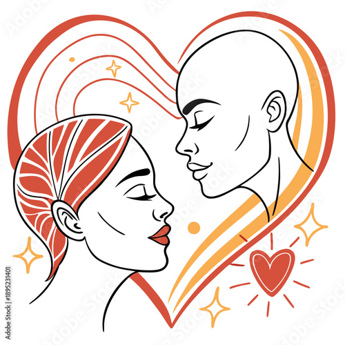 Artistic vector graphic of two abstract faces connected by a glowing heart symbol.
