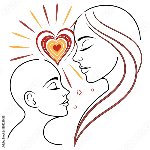 Two abstract faces sharing a heart glow, artistic vector illustration.