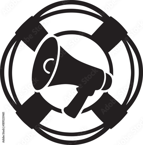 Megaphone icon inside life buoy symbolizing emergency communication response silhouette