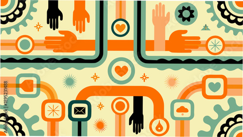 Abstract pattern featuring hands gears hearts and other graphic elements