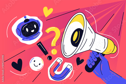 Hands holding megaphone and presenting ai digital marketing tools used in social media promotion. Work automation in advertising vector illustration.