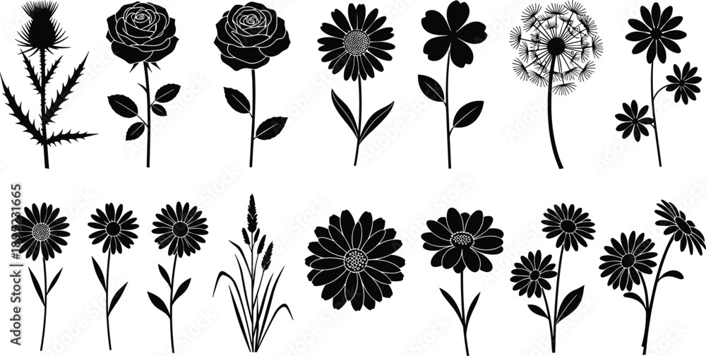 Fototapeta premium Black flower silhouettes collection featuring roses, wildflowers, daisies, and botanical plants, isolated on white background for design, prints, branding, decoration, and creative projects.