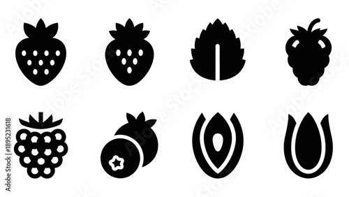 Bold black silhouette icons of berries and fruits