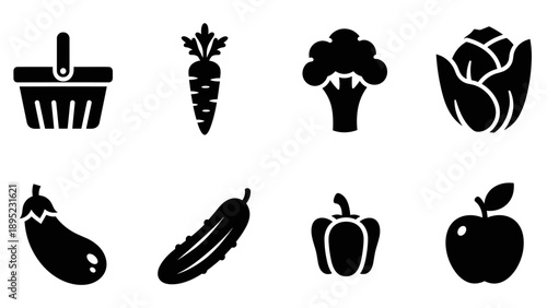 Collection of black silhouette icons of vegetables and fruits
