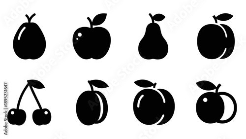 Set of silhouette fruit icons: pear, apple, peach, cherry