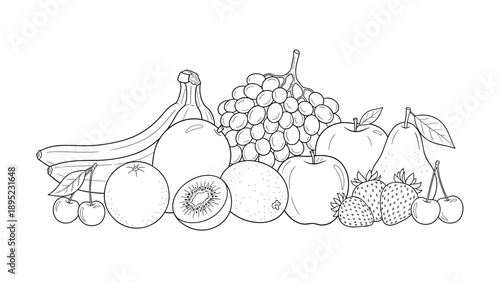 Outline drawing of various fruits in a decorative arrangement