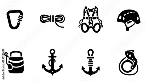 Bold adventure icons: climbing and nautical equipment in black silhouette style