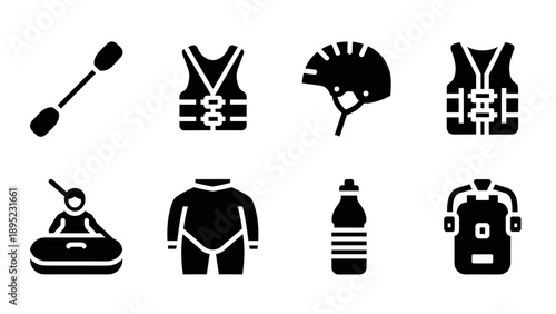 Kayaking and rafting gear icons: safety equipment and accessories collection