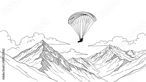 Paraglider soars above majestic mountain peaks in black white line art