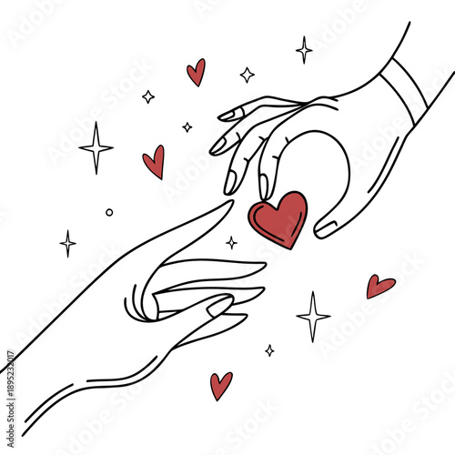 Two hands gently holding an invisible heart in minimalist space, symbolizing care, protection, and abstract love. Clean vector art.