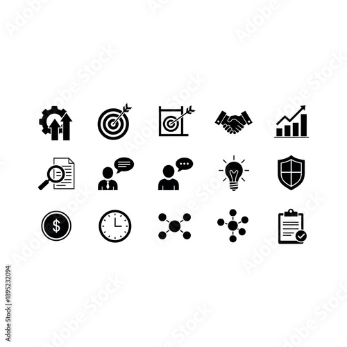 Collection of black business icons on white background illustrating strategy and success concepts