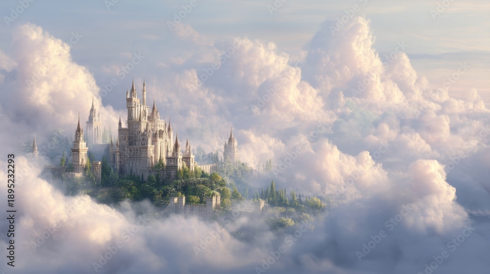 Fototapeta premium Grand fantasy castle on a hill surrounded by clouds. Magical kingdom palace in sky. Dreamy realm illustration for children book.